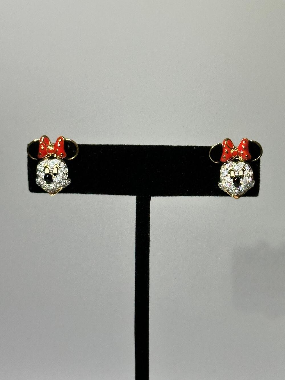 Gold Tone Mouse Head Rhinestone Bow Stud Earrings Pierced
